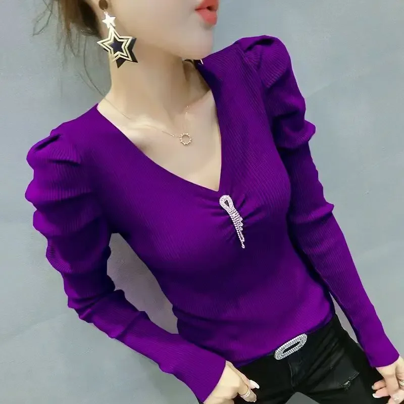 

Women Clothing Simplicity Commuting Slim Fit Knitting Bottom Shirt 2025 Autumn New Fashion Solid Color V-neck Casual Pullover