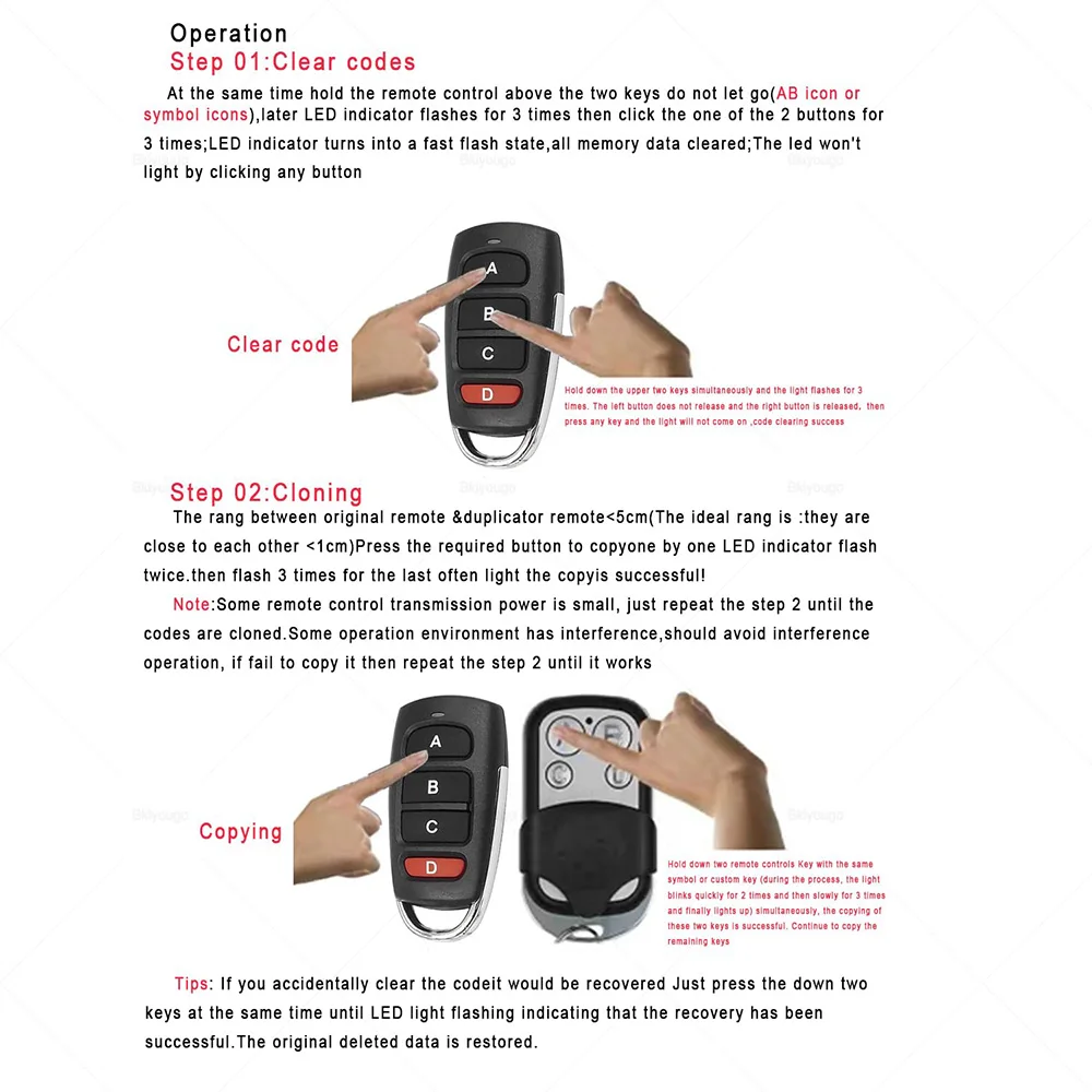 Universal 433.92MHz Duplicator Remote Control Garage Door Opener Remote 4 Button Replacement Door Remote for Gadgets Car Home