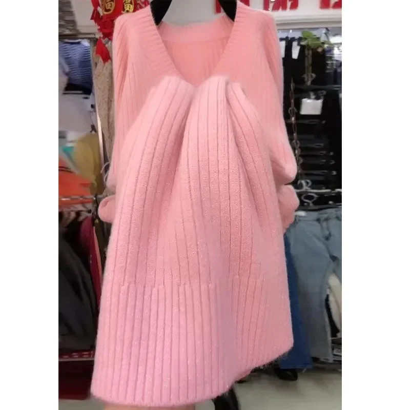2025年 女性用 大きいサイズ 5XL ニットワンピース 秋 レディース ゆったり Vネック ニットドレス 韓国風 ハイエンド プルオーバー ニットワンピース