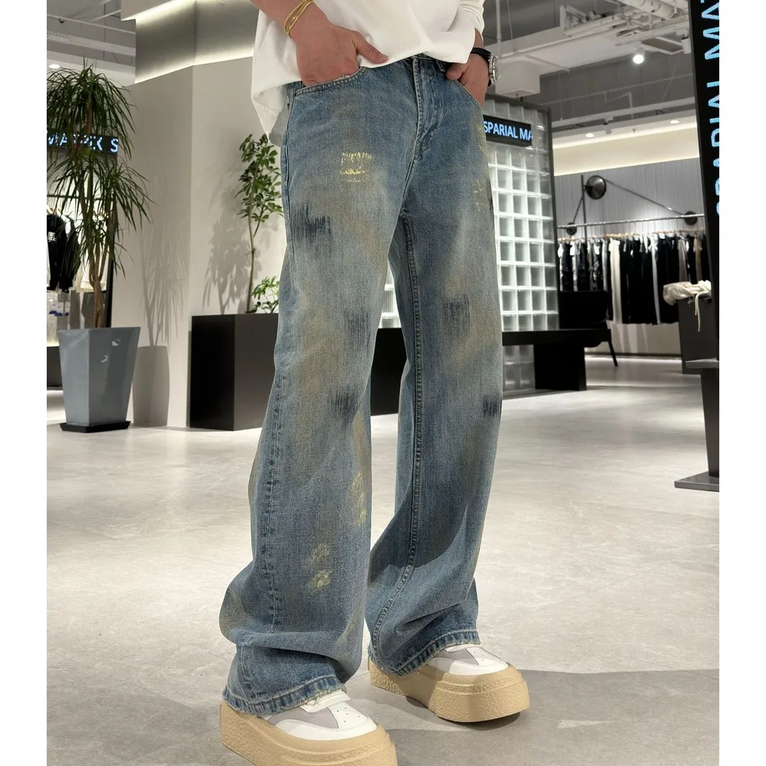 

Мужские джинсы прямого кроя в стиле ретро, американского стиля, свободного кроя, с эффектом окрашивания и росписи, длинные брюки, модная городская молодежная одежда
