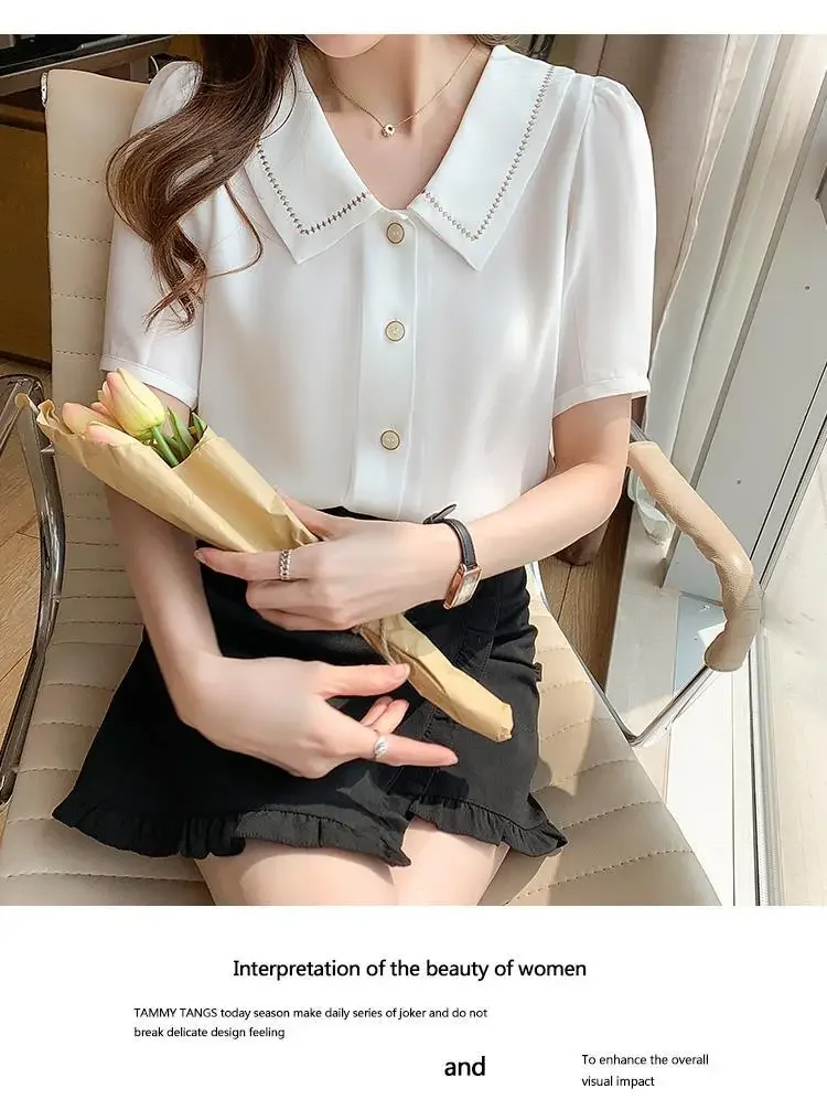 Coreano Femme Top Donna elegante Camicetta con colletto rovesciato Donna Estate Solid White Chic Camicetta Manica corta T-shirt in chiffon S48