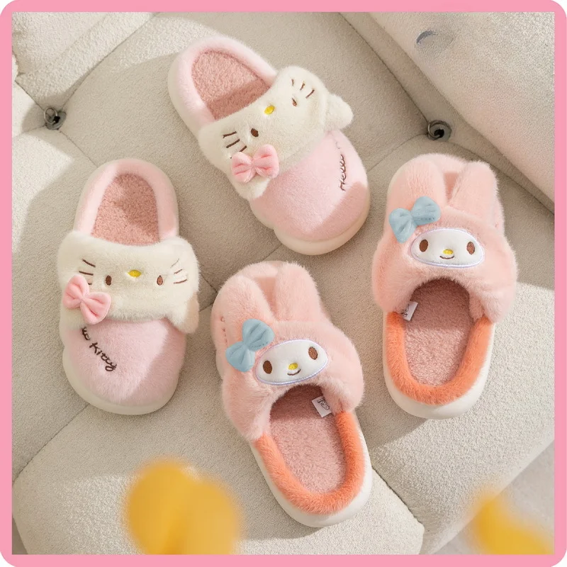 Soft Anti-slip Warm Winter Children\'s Slippers Girls Plush Floor Shoes Indoor Sock Shoes  Cute Kitty Kuromi Cotton Teen Slippers