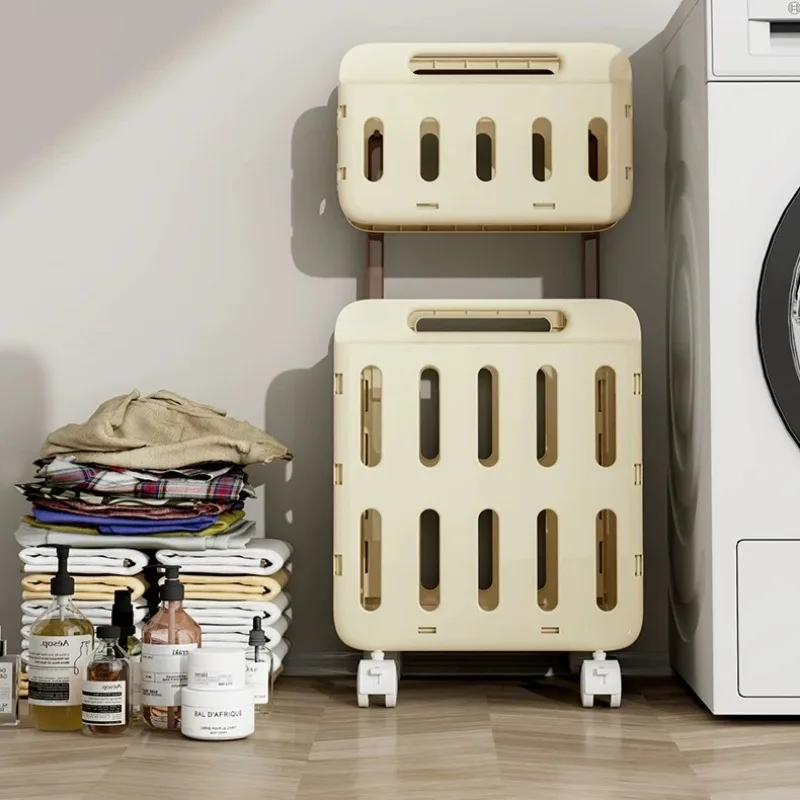 2 Sections Wheels Laundry Baskets Large Dirty Creamy Style Tall Laundry Hamper Cool Slim Cesto De Roupa Suja Home Accessories