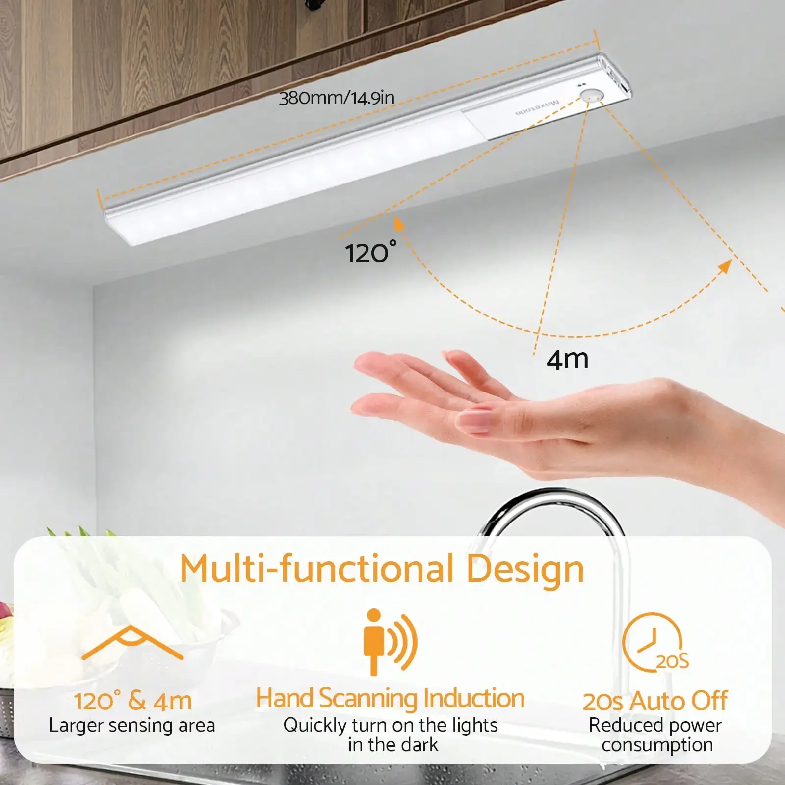 

Under Cabinet Lights 64 LED Sensor Magnetic 3000mAh Rechargeable 3 Color Temperature Energy Class A Night for Cupboard Stairs