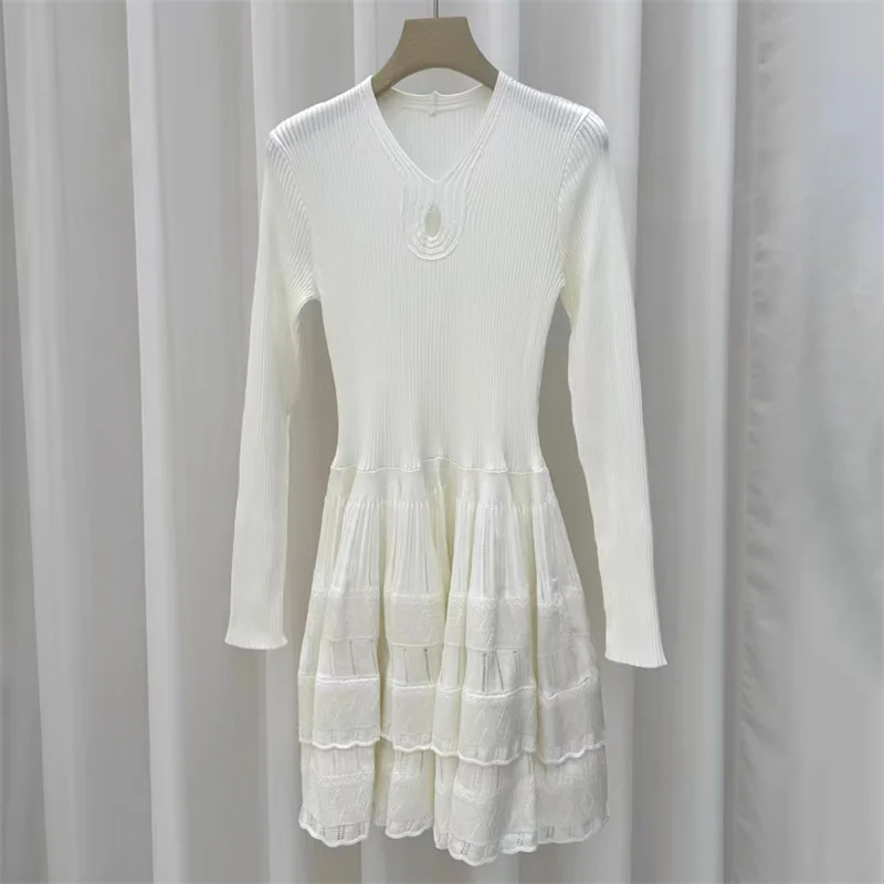 Women's dress New elastic knitted slim mini dress for autumn 2025 V-neck hollow out short dresses Lotus leaf edge cake dress y2k