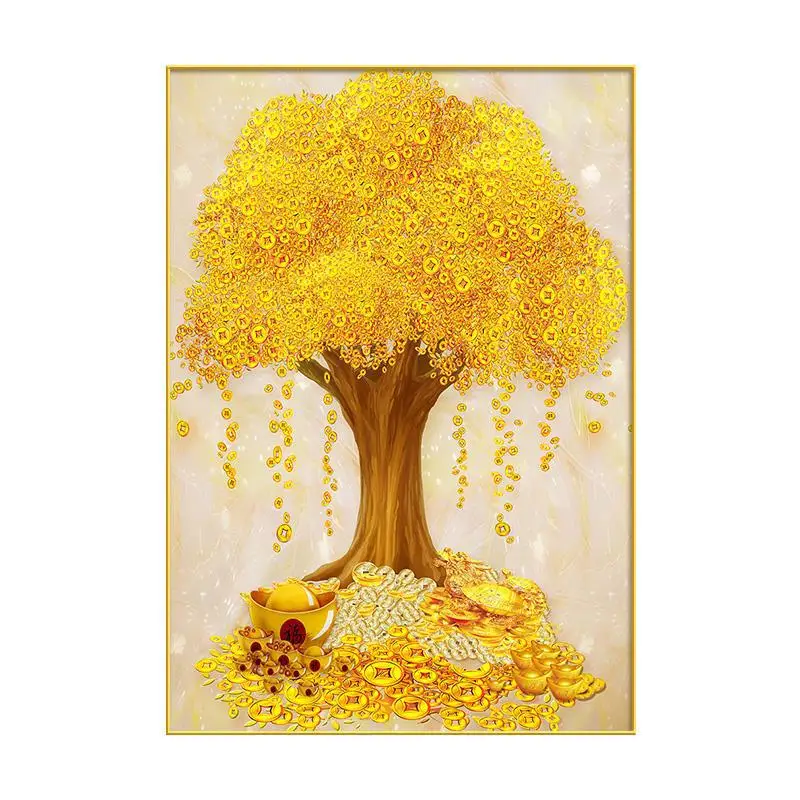 Pintura decorativa del árbol de la fortuna dorado, mural para la entrada de la sala de estar, pintura mural del árbol de la fortuna, entrada del restaurante, corredor.