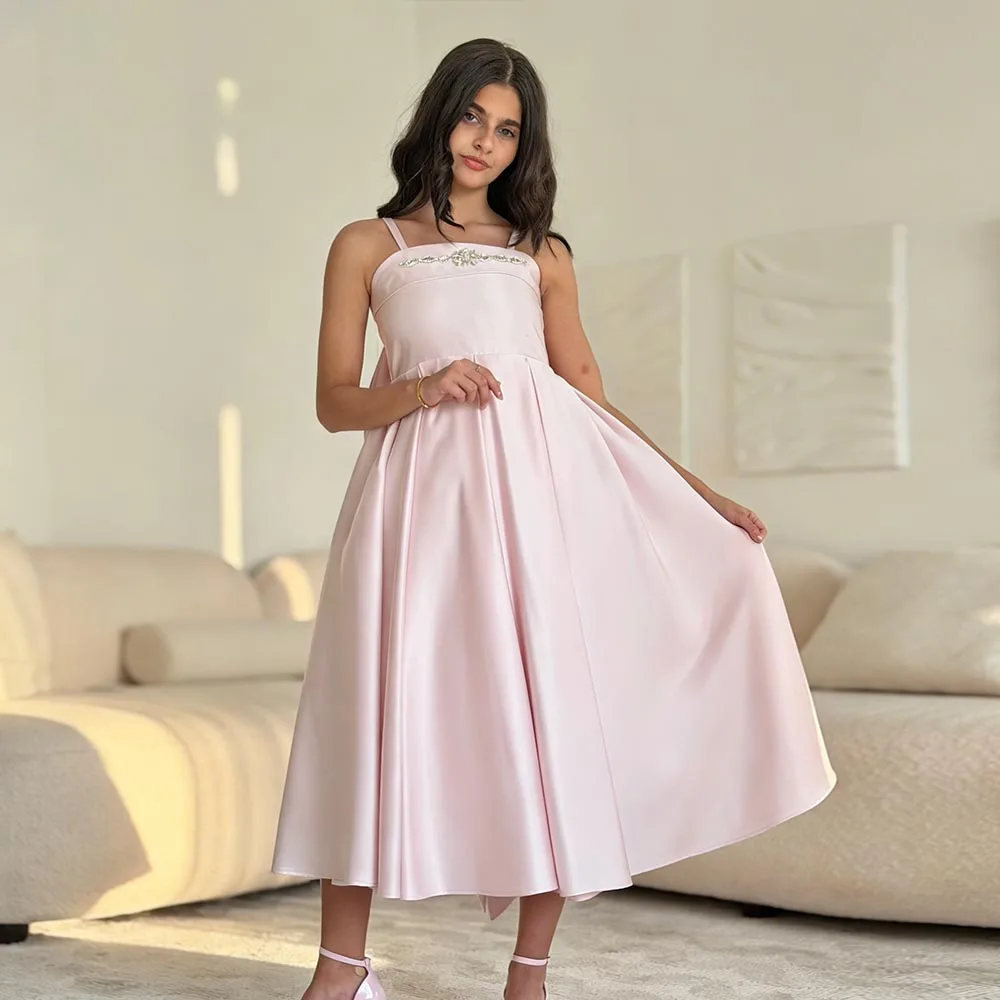 

Pink Chic Flower Girl Dresses Long Dress For Girls Satin Birthday Dress Beads Puff Girl Princess Dress Elegant Kids' Dresses