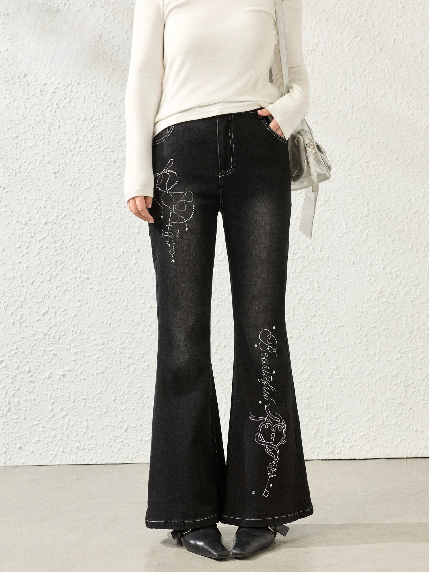 

High Waist Flared Jeans Glittering Diamond plus Size Women's Faion Set Vintage Hong Kong Sle Loose Fit Ladies Pants