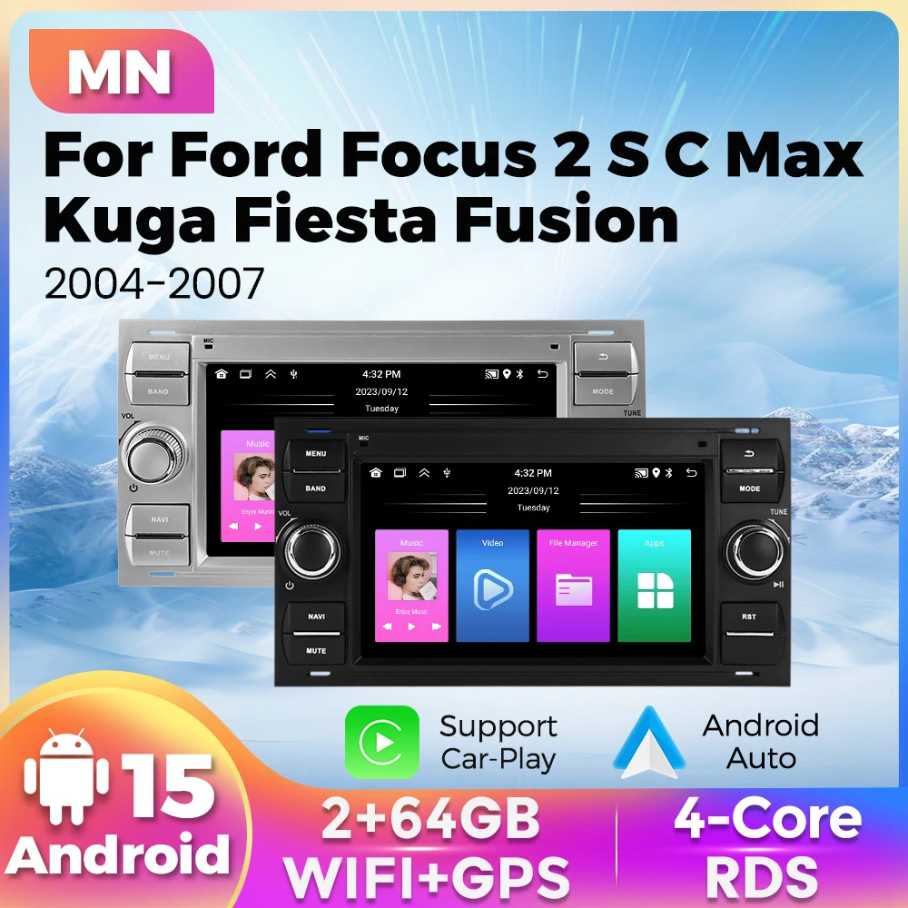Android 15 New Wireless Carplay Auto For Ford Focus 2 S C Max Kuga Fiesta Fusion 2004-2007 Car Radio Stereo Multimedia Player BT