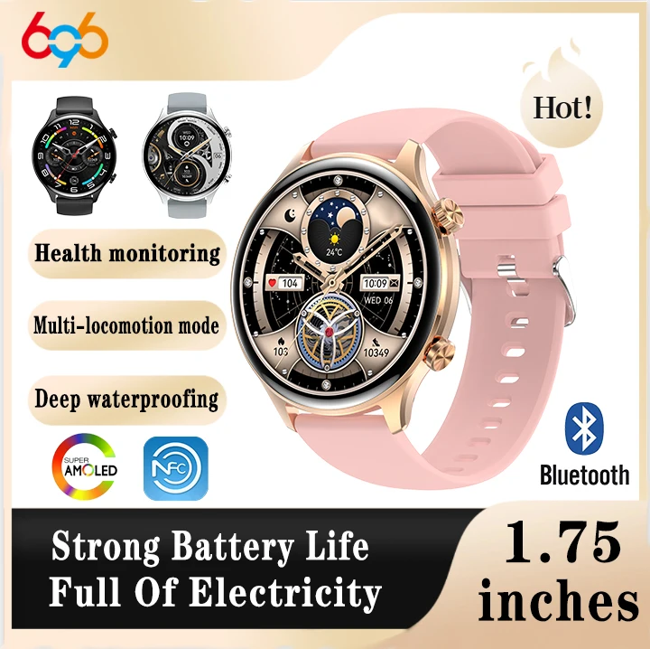 Health Smart Watches Women Men Blue Tooth Call Smartwatch NFC 1.75" AMOLED Screen Waterproof Music Sports 24h Heart Rate Monitor