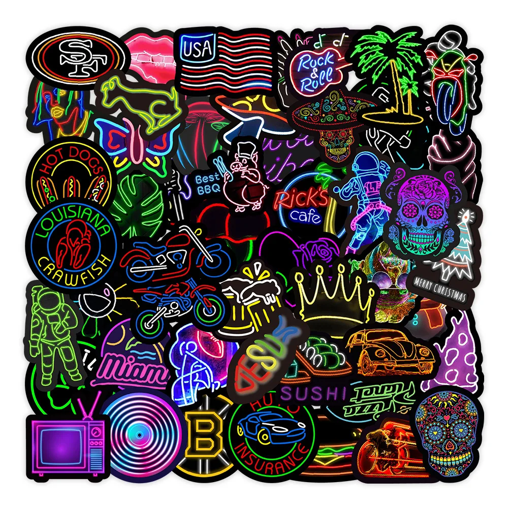 50Pcs Colorful Neon Series Graffiti Stickers Suitable for Laptop Helmets Desktop Decoration DIY Stickers Toys Wholesale