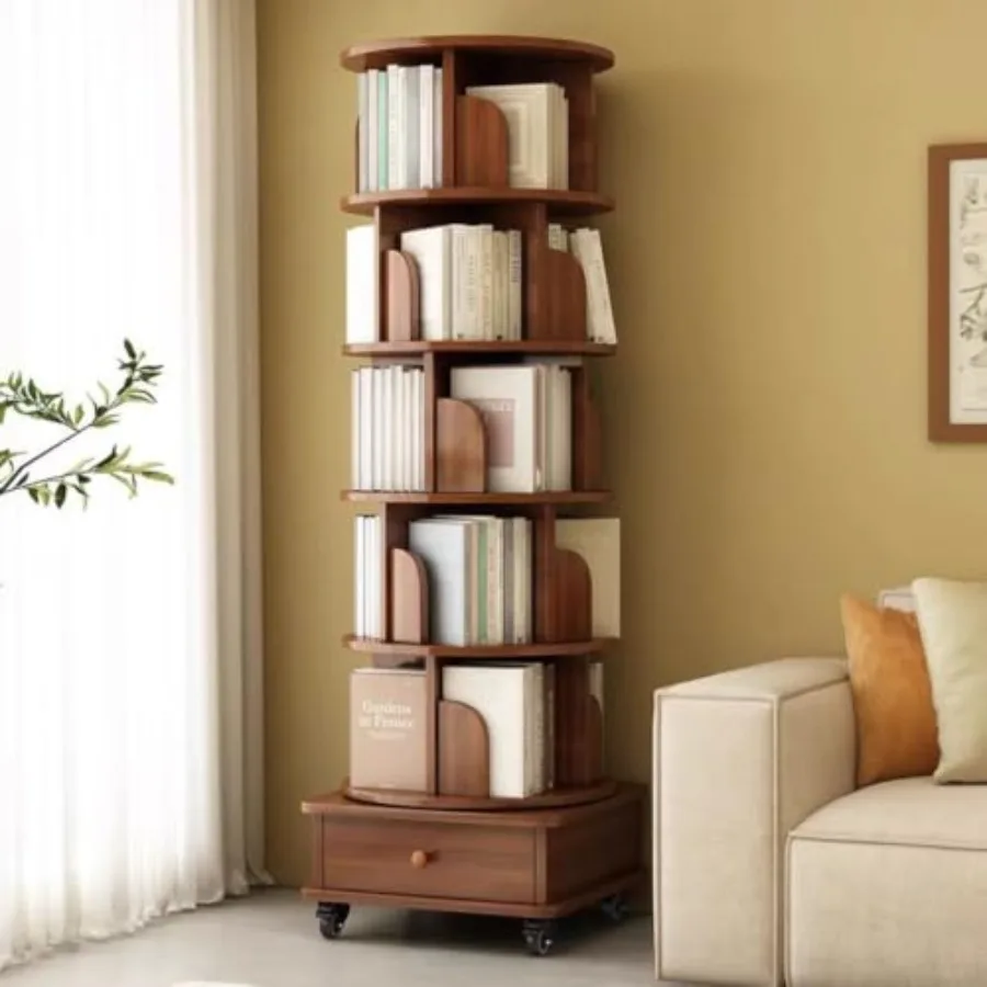 Rotating Bookshelf 5 Tier Bookcase with DrawerandWheels, Spinning Book Shelf Revolving Tower for Bedroom, Living Room, Kid's Ro