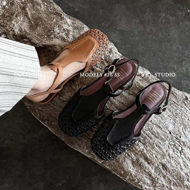2026 new spring summer women mules natural leather plus size 22-25.5cm cowhide+fabric+sheepskin t-buckle women sandals