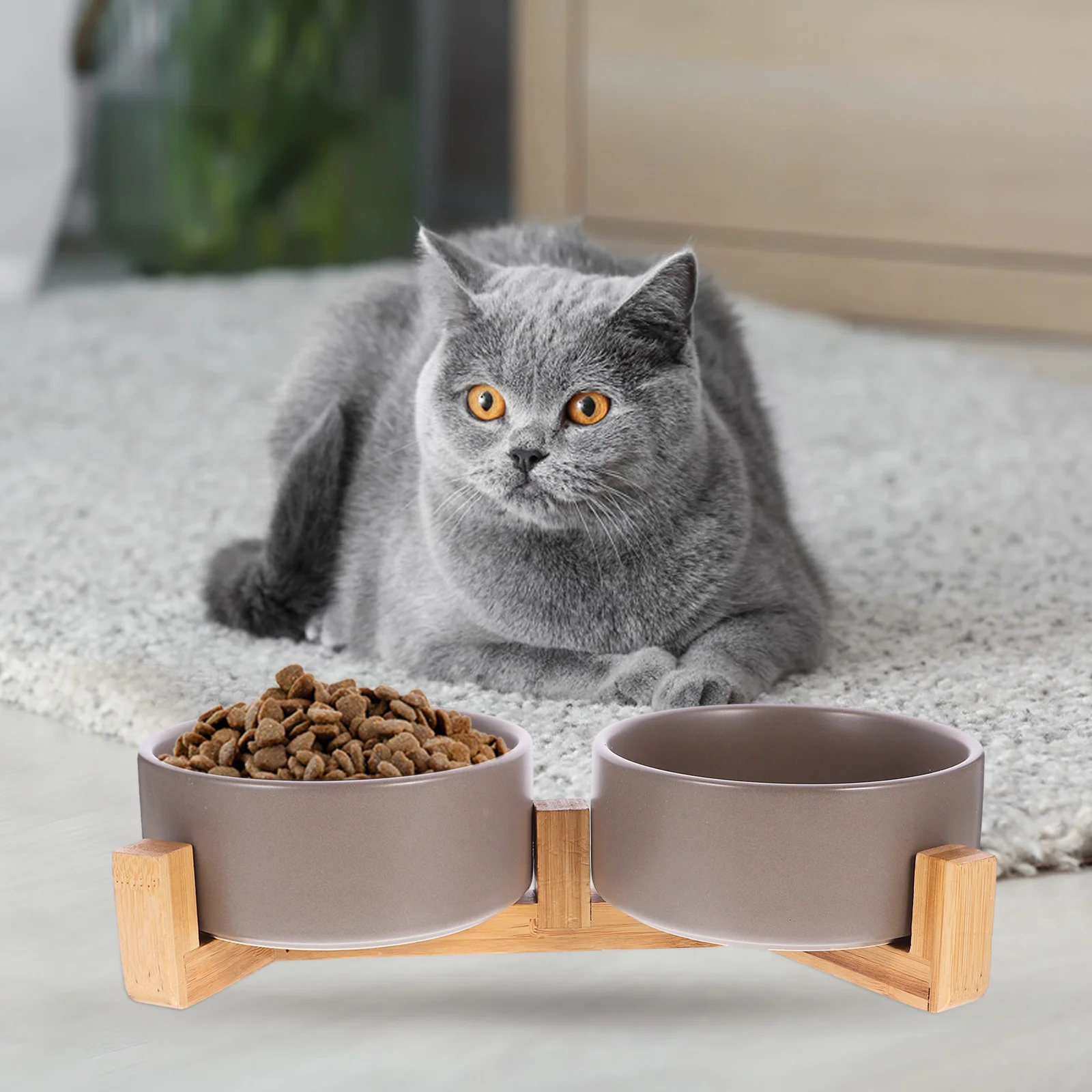 

1Set Dual Ceramic Dog Cat Bowl Nonslip Feeding Dish Wooden Frame Stable Pet Food Water Bowl Indoor Feeder Pet Feeder