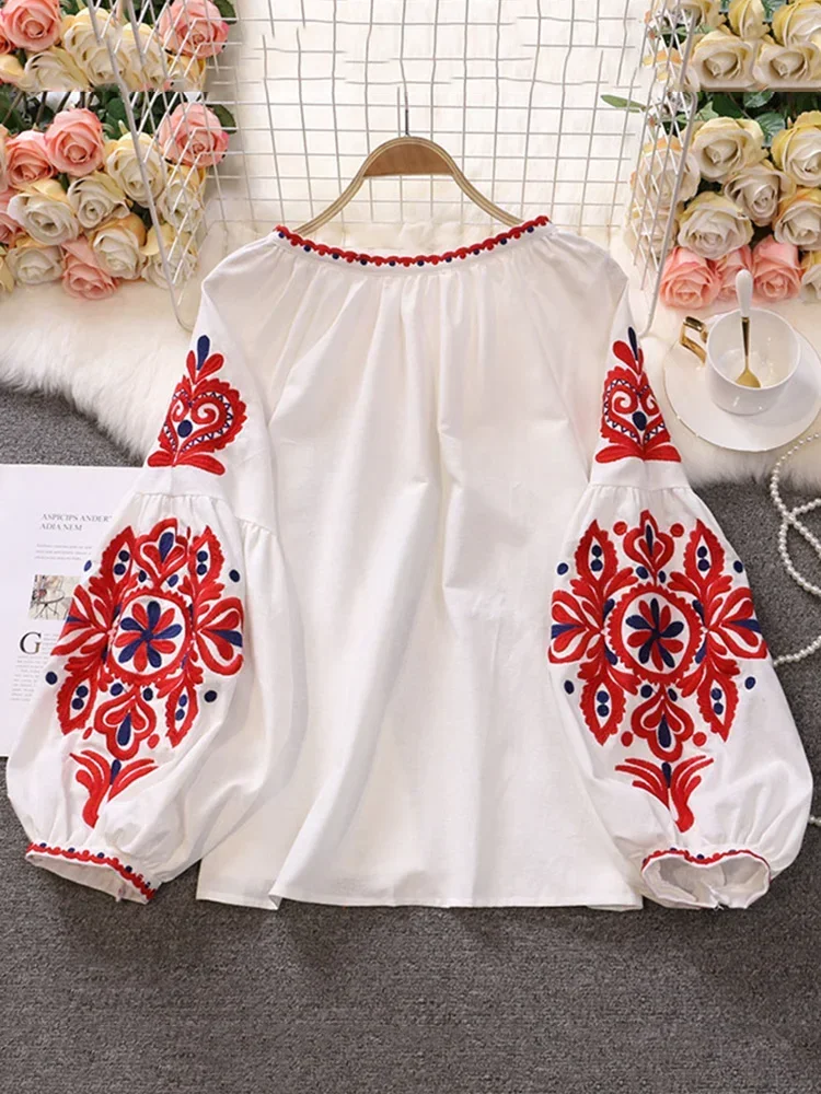 Sweet Style Women Pullover Shirts Embroidery Patchwork Bandage V-neck Lantern Sleeve Spring Summer 2023 New Blouse SN0452