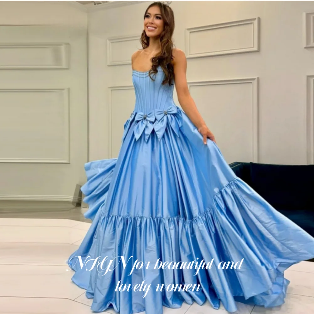 

NFYN Blue Elegant Formal Gown Strapless Backless Prom Dresses with Fishbone 3D-Bow A-Line Evening Dress for Woman Customized