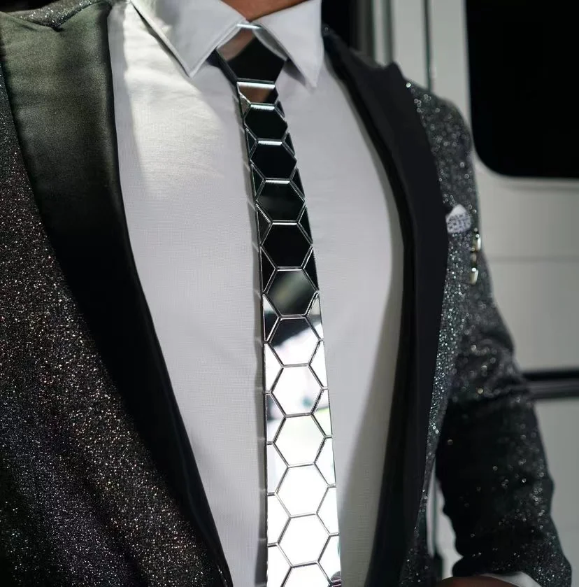 Geometrische Konzept Dual Hexagonal Form Silber Spiegel Verchromte Mode Krawatte Fliege Für Hochzeit Zubehör Business-Outfit Geschenk