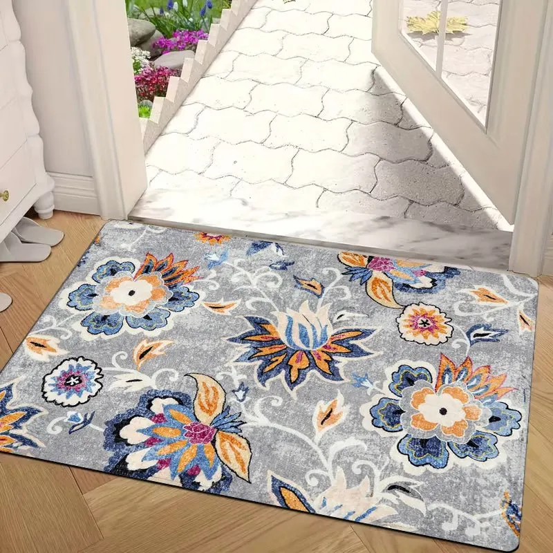Abstract Floral Throw Blanket Non Slip Doormat Blue Grey Area Rug Modern Pattern Floor Mat For Living Room Kitchen Decor