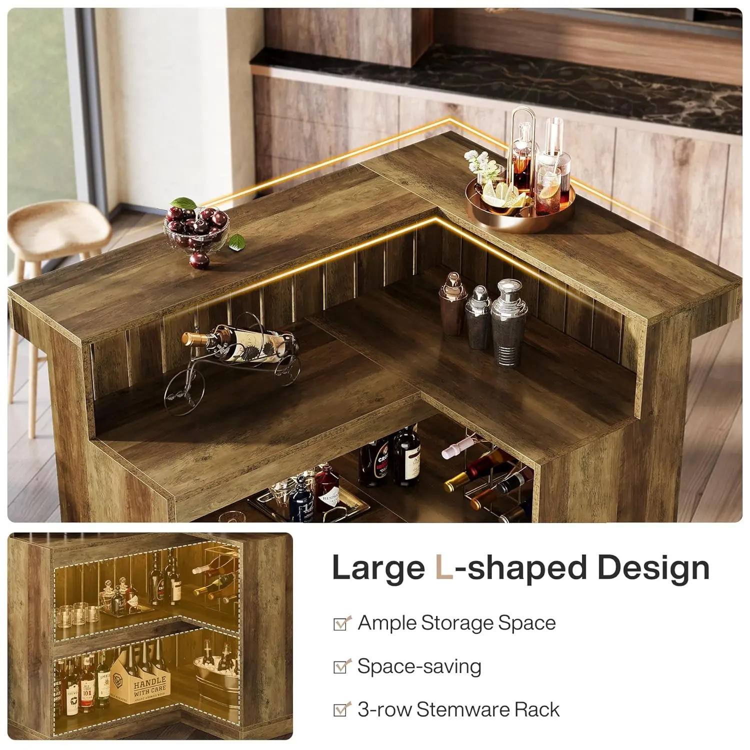 Mesa de Bar em L com 4 Níveis, Prateleira de Canto para Bebidas, Suporte para Taças de Vinho, Armário Industrial, Balcão de Recepção Marrom Personalizado