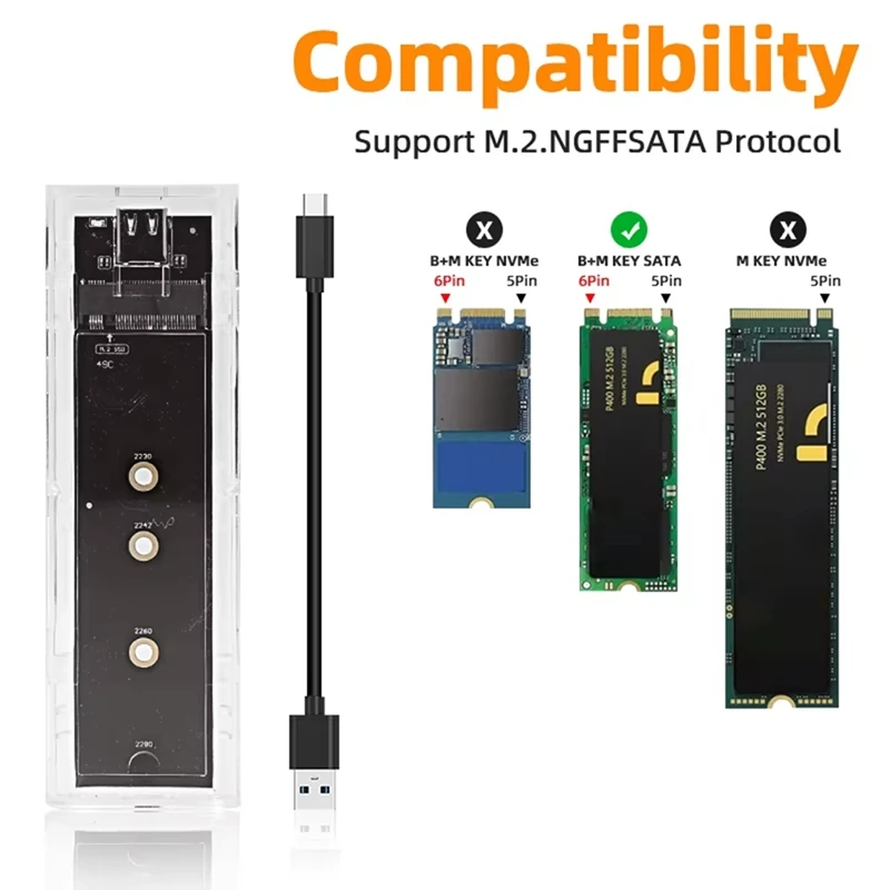 حافظة M.2 NGFF SATA ذات بروتوكول مزدوج SSD شفافة USB من النوع C 10 جيجابت في الثانية PCI-E M2 SSD صندوق قرص صلب خارجي شفاف