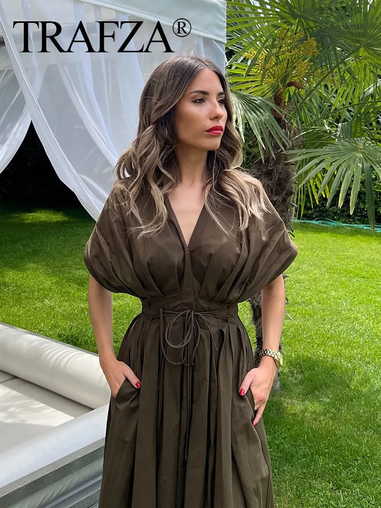 

TRAFZA Elegant Pleated Midi Dress Midi Dress For Women Short Sleeves V-Neck Single-Breasted Lace Up Slim Summer Beach Chic Dress