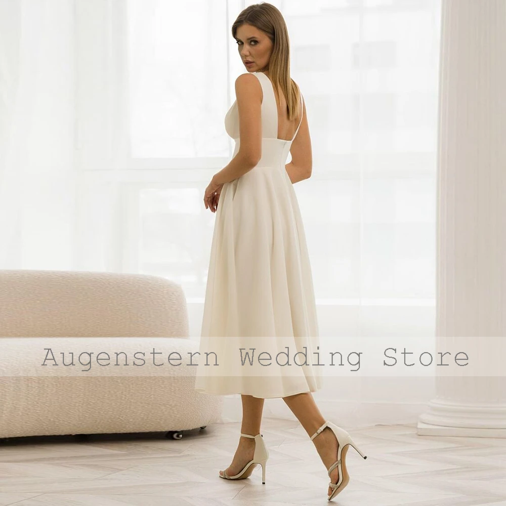 Modern Wedding Dresses Lvory Satin Ruched  Formal Dress A-line V-neck Midi Dresses 2024 Bride Gowns for Women