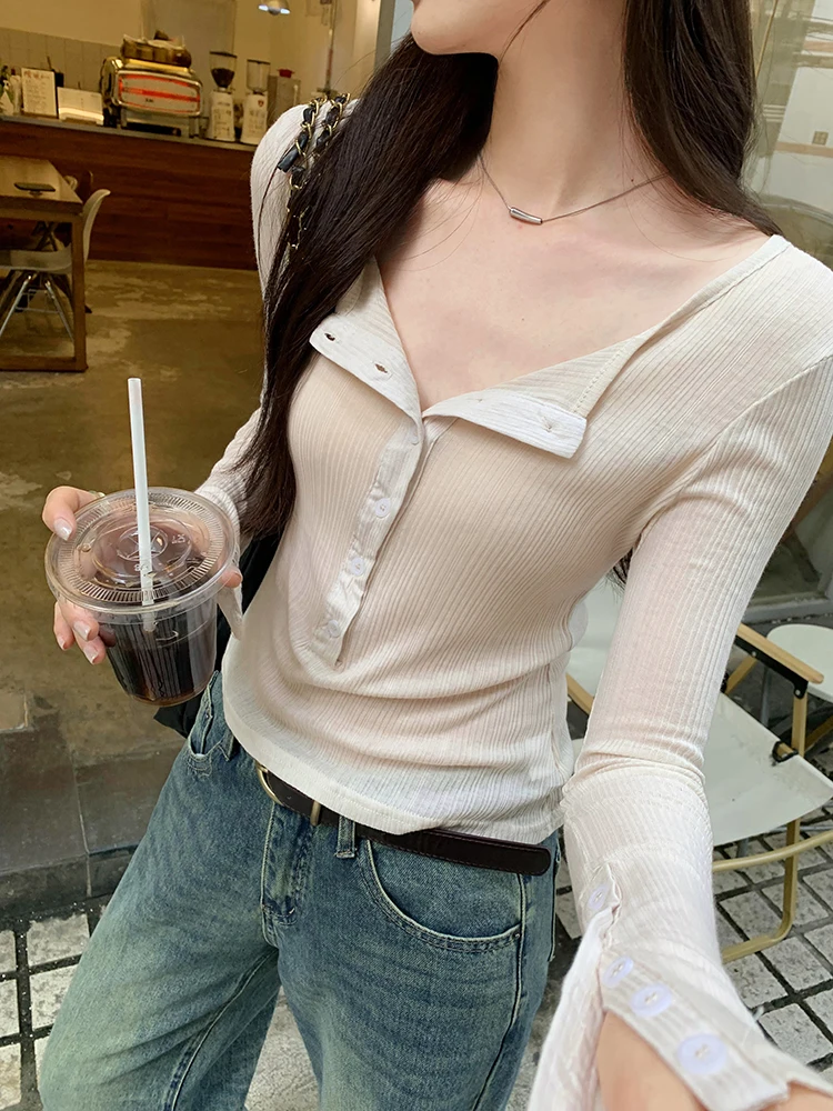 

Long Sve Women's T-irt Button Design f Open Collar Inward Wearing Base irt oulder Length Appropriate Autumn New S...