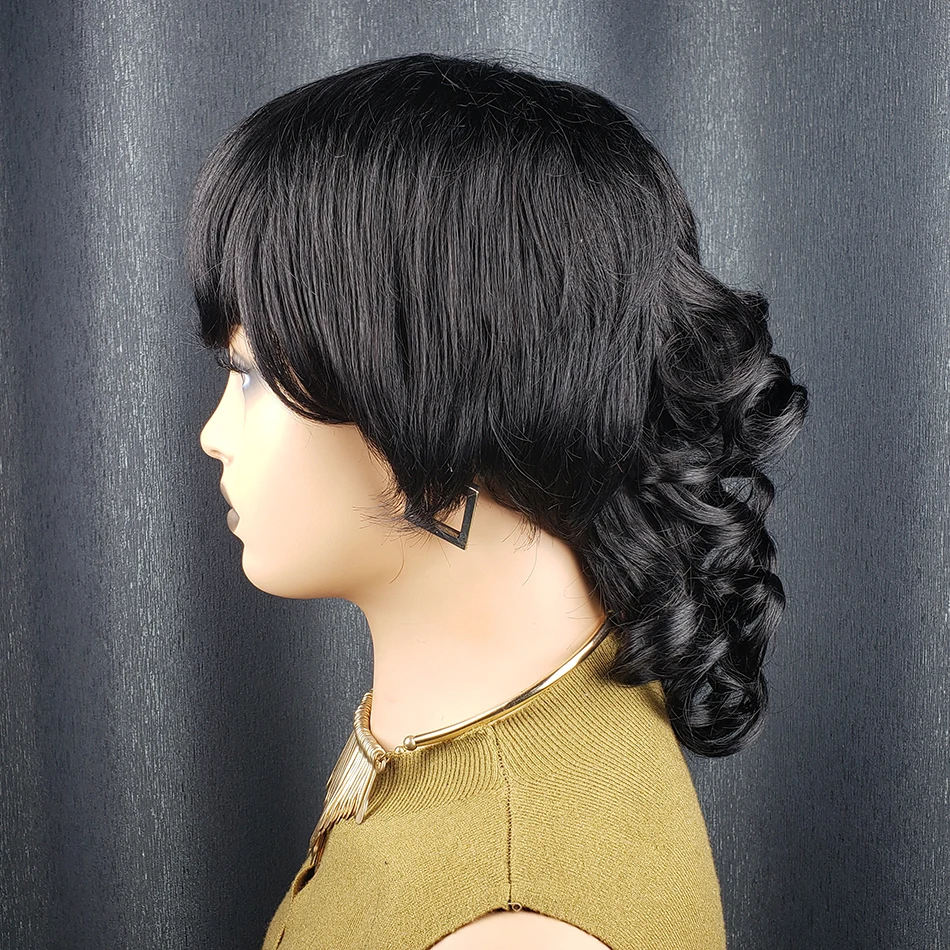 Perruques de cheveux humains Bob coupe mulet Pixie avec frange pour femmes noires perruques ondulées de loup naturelles pleine Machine