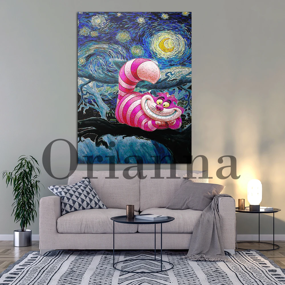 Alice In Wonderland Cheshire Cat Starry Night Vincent Van Gogh Wall Art Poster Cat Print Living Room Cuadros Home Decor Gift