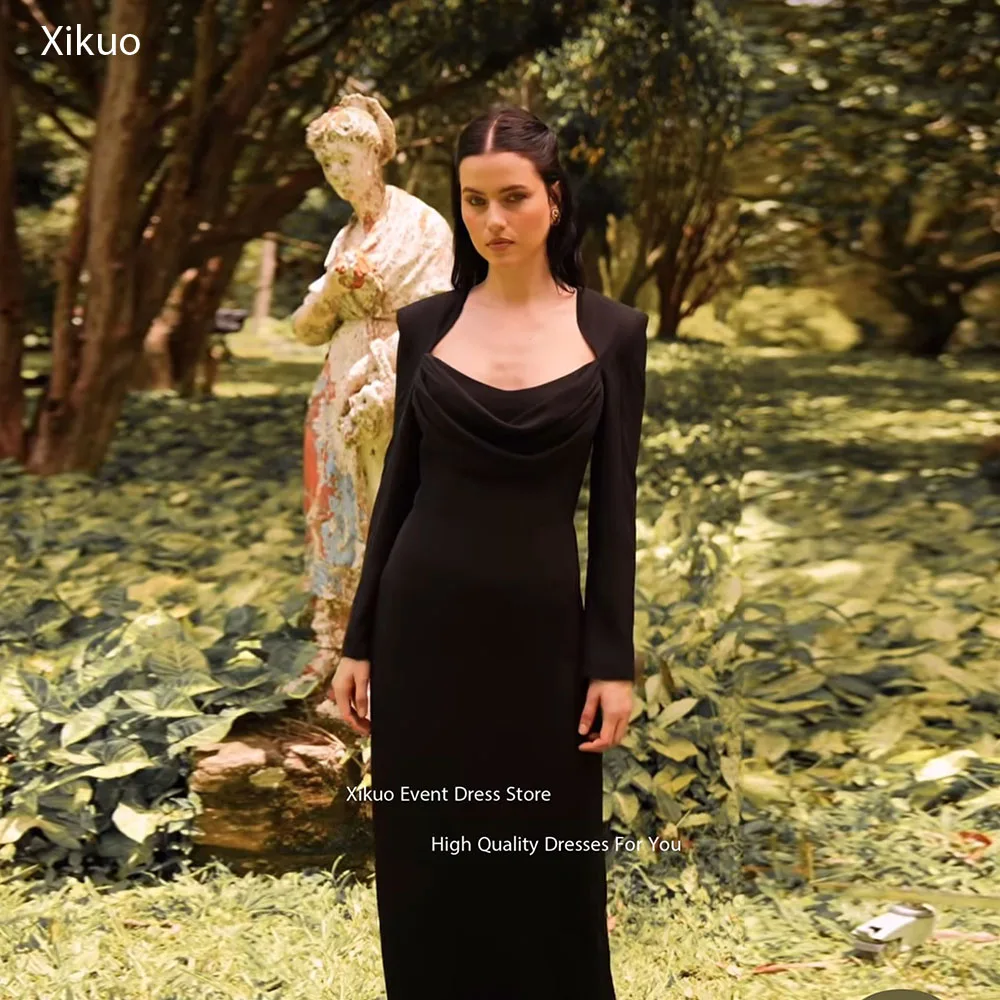 Xikuo Col Maxi Avondjurken Zeemeermin Satijn Celebrity Jurken Lange Mouw Ruches Chic Abiti Da Cerimonia Donna Aangepast