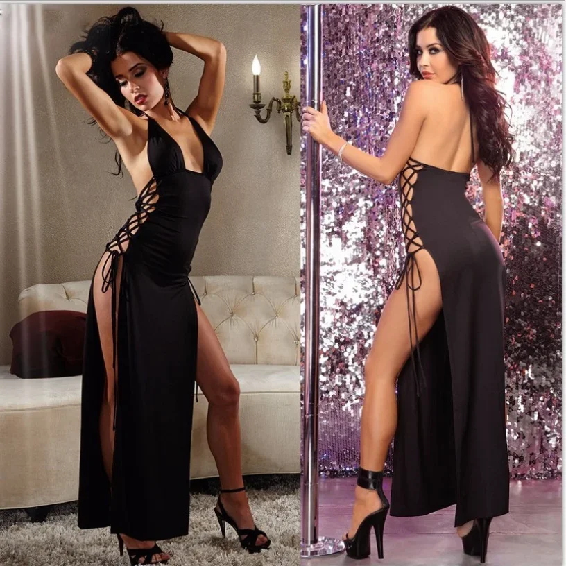 

Plus Size Women Bondage Lingerie Sexy Oversized Backless Suspender Maxi Skirt Erotic Large Size Split Lacing Black Long Dress