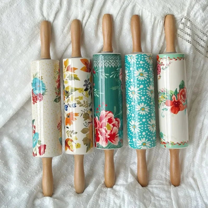 Pioneer Woman Ceramic Rolling Pin Hand-Painted Underglaze Print Kitchen Baking Tool Elegant Country Style