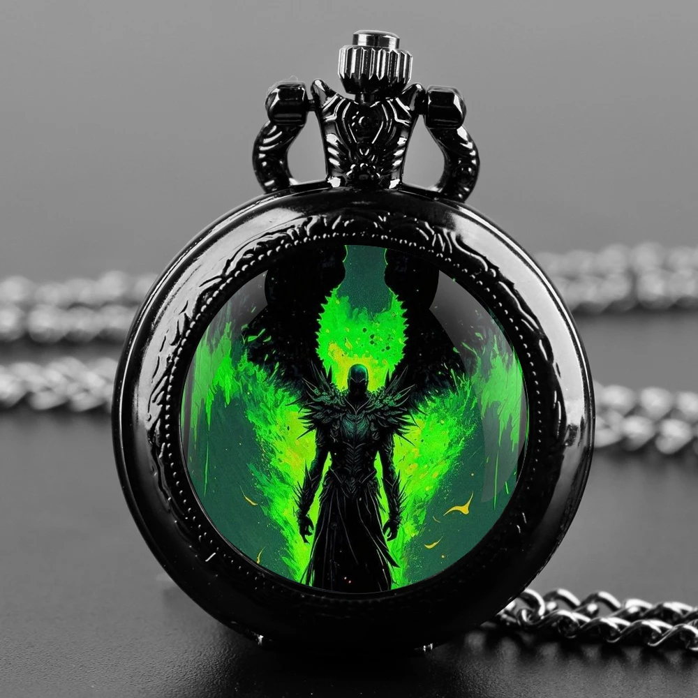 ساعة جيب كوارتز سوداء على شكل قبة زجاجية من Dark Angel مع قرص أرقام عربية وسلسلة متينة هدية كلاسيكية للرجال والنساء