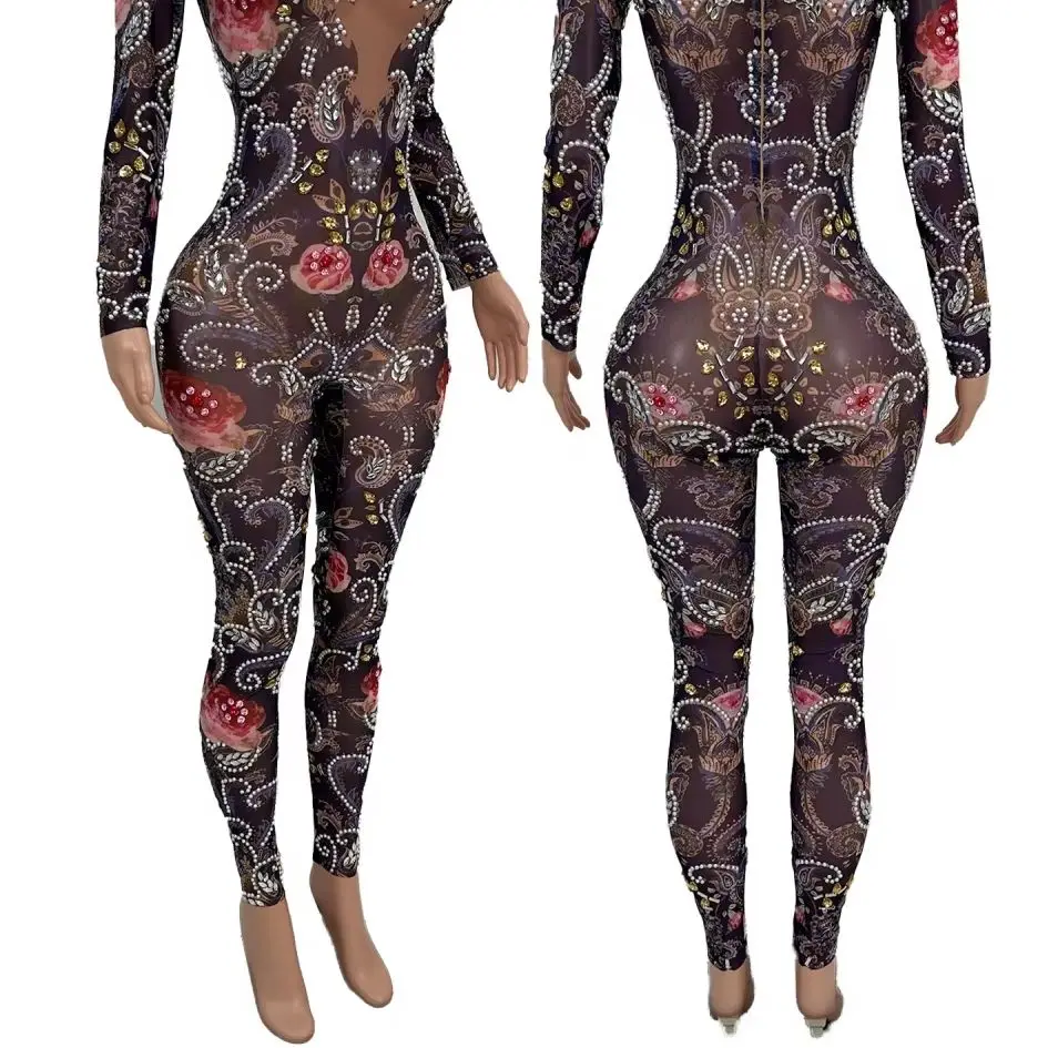 

Vintage Floral Pearl Rhinestone Mesh Tight Fitting Jumpsuit Nightclub Wear Women Long Sleeve Stage Performance Jumpsuit Meiguiku