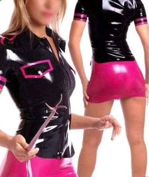 Latex Rubber Sexy Little Catsuit Skirts Women Black And Pink Cool Tights Uniform Size  XS-XXL