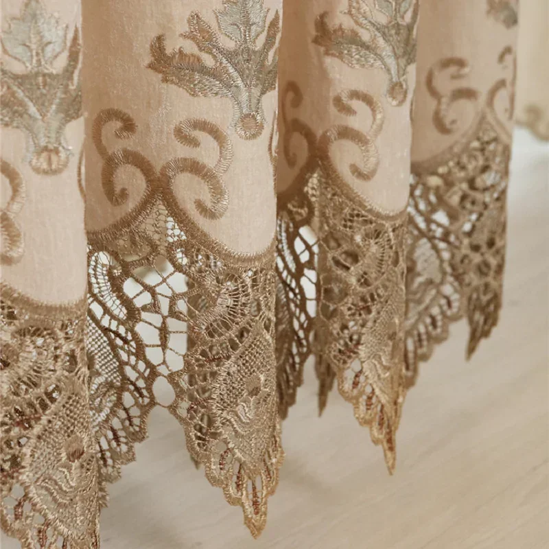 

European Embroidered Luxury Curtains for Living Dining Room Bedroom Style Beige Chenille Valance Tulle Windows Hollow Out Door