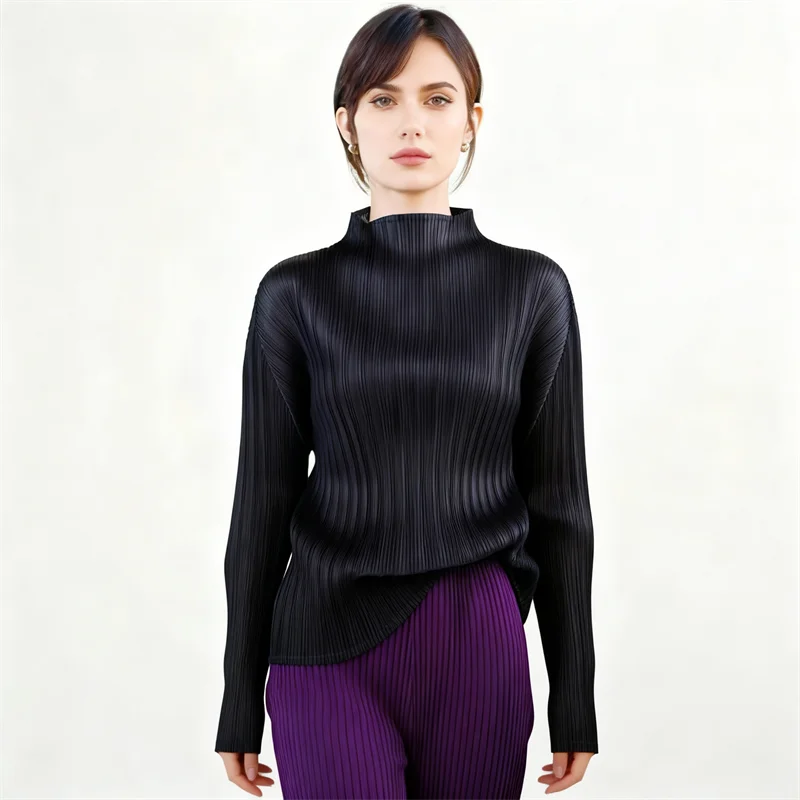 Miyake Pleated Turtle Neck Long Sleeve Top Stylish Black Lightweight Wrinkle Resistant Women's Casual Simple Fashion Shirt