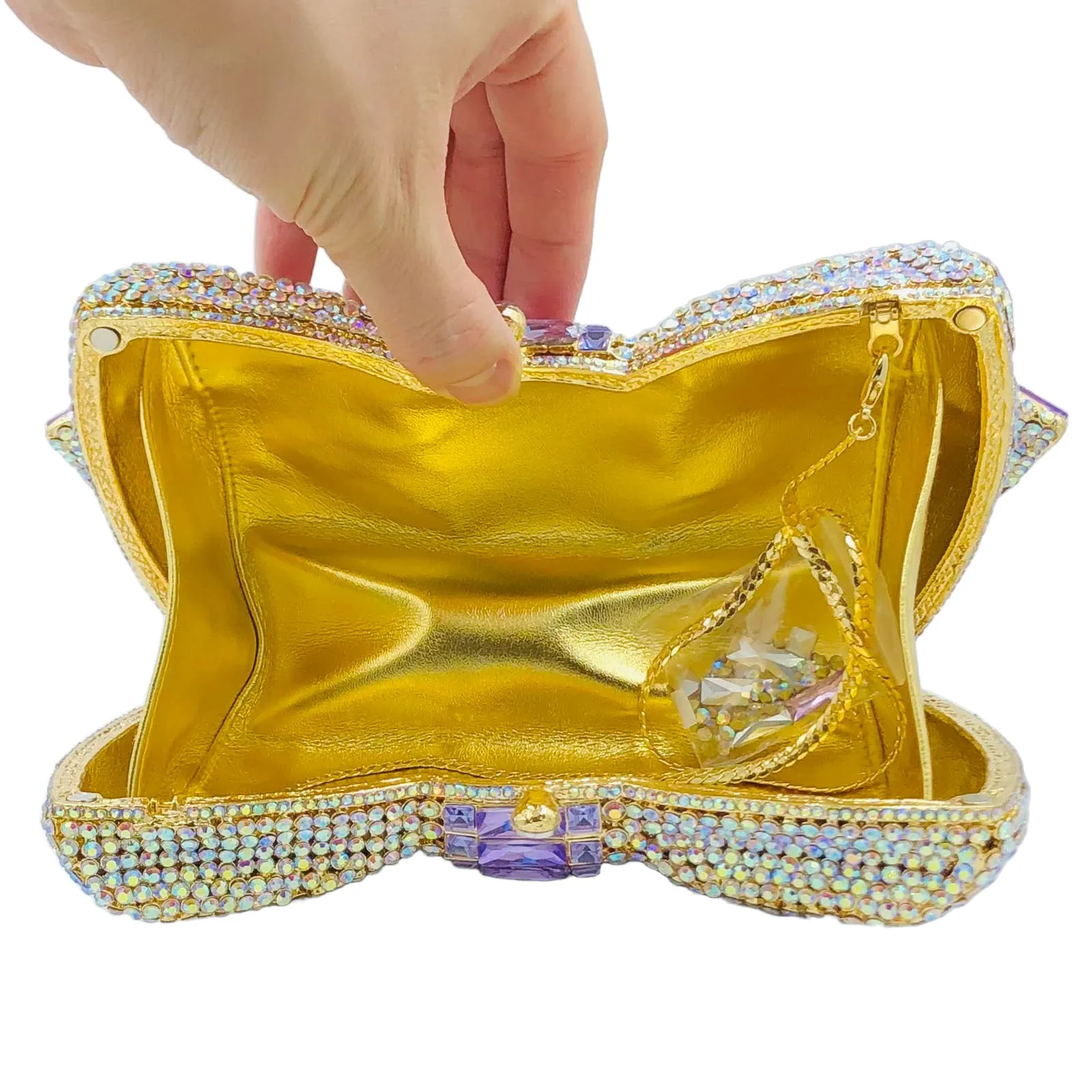 Boutique De FGG kokarda wieczorowa torebka Minaudiere damska Rosegold Crystal Minaudiere torebka ślubna ślubna torebka z kryształkami — zdjęcie 7