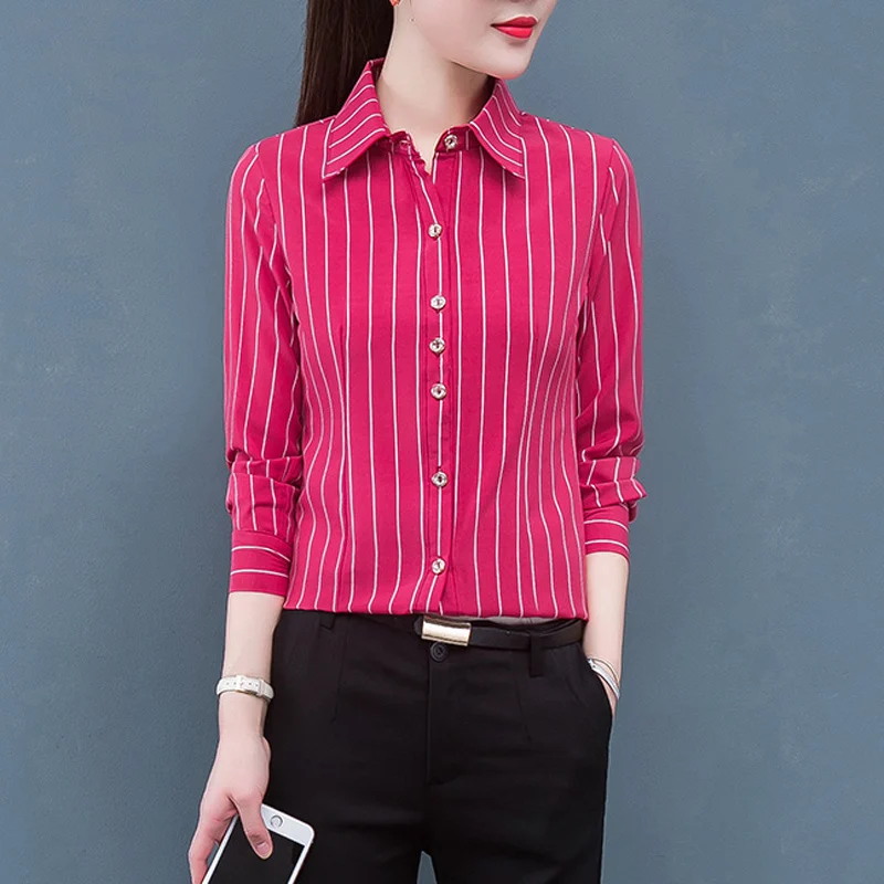 Vintage Striped Printed Business Casual Office Lady Button Up Shirt Spring Summer New Fashion Lapel Slim Blouse Top Women Blusas