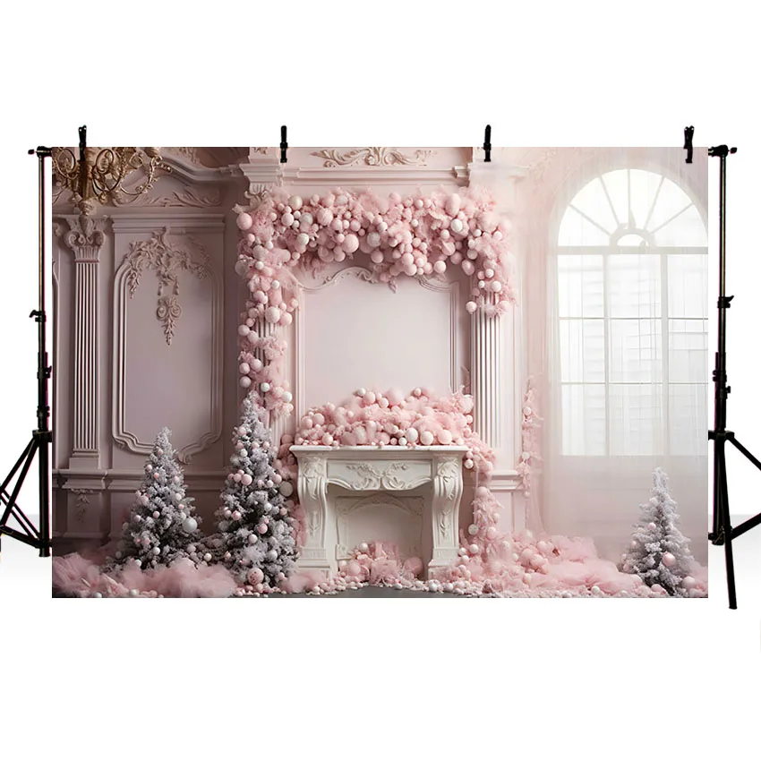 Mehofond Photography Background Pink Christmas Winter Fireplace Window Xmas Tree Kid Family Portrait Decor Backdrop Photo Studio