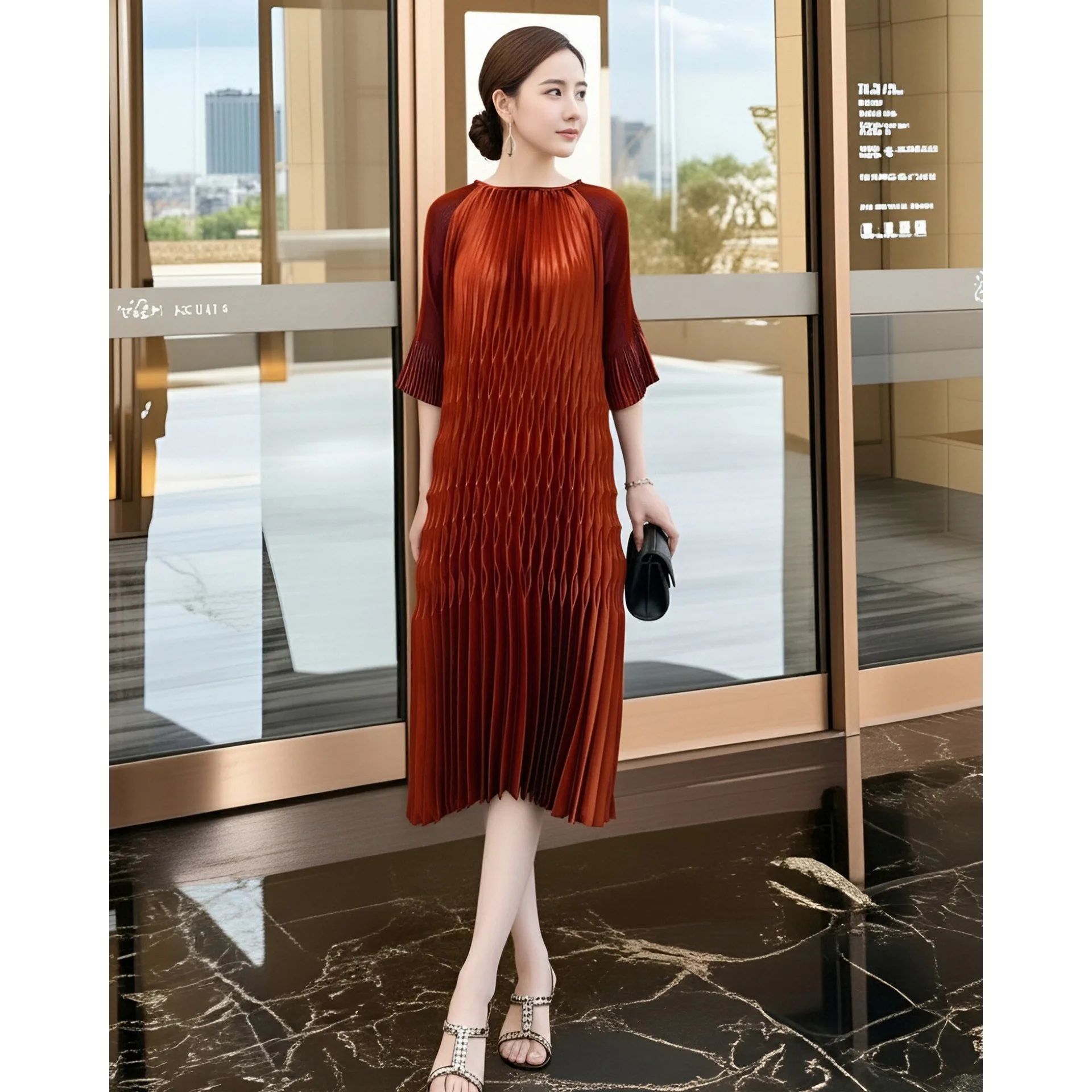 

Miyake Heavy Industries однотонное платье со складками на талии, темпераментное универсальное свободное платье среднего и длинного размера, новинка зимы 2023 г.