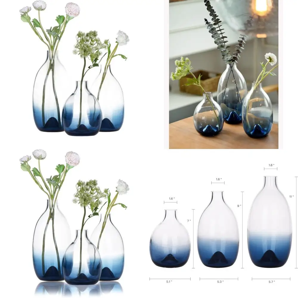 

Modern Blue Glass Vase Set, 3-Piece Tall Decorative Flower Vases for Home, Living Room, Dining Table, Weddings & Parties