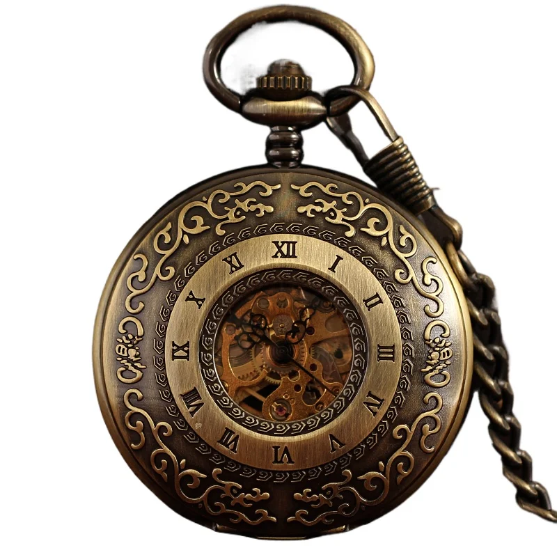 

Fully automatic mechanical pocket watch retro flip hollowed out nostalgic Roman schoolboy necklace watch