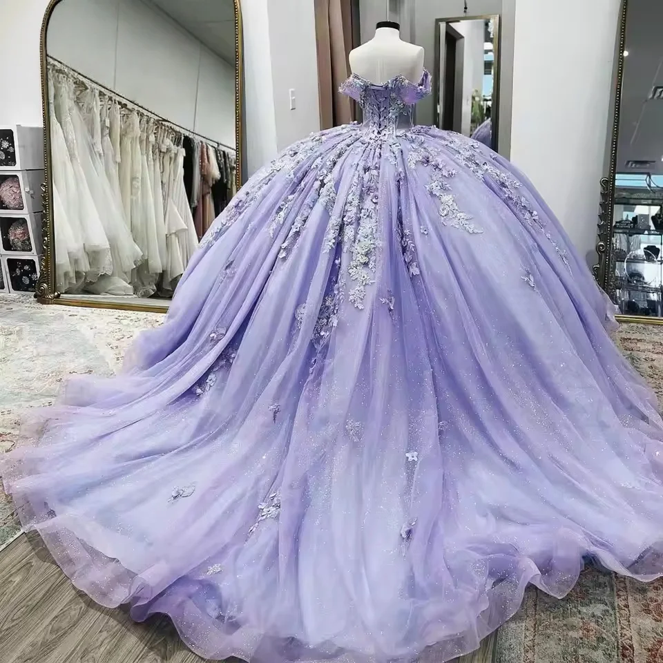 فساتين Quinceanera أرجوانية ثوب حفلة قبالة الكتف مزين بالزهور الحلو 16 فساتين 15 Años المكسيكي حسب الطلب #2