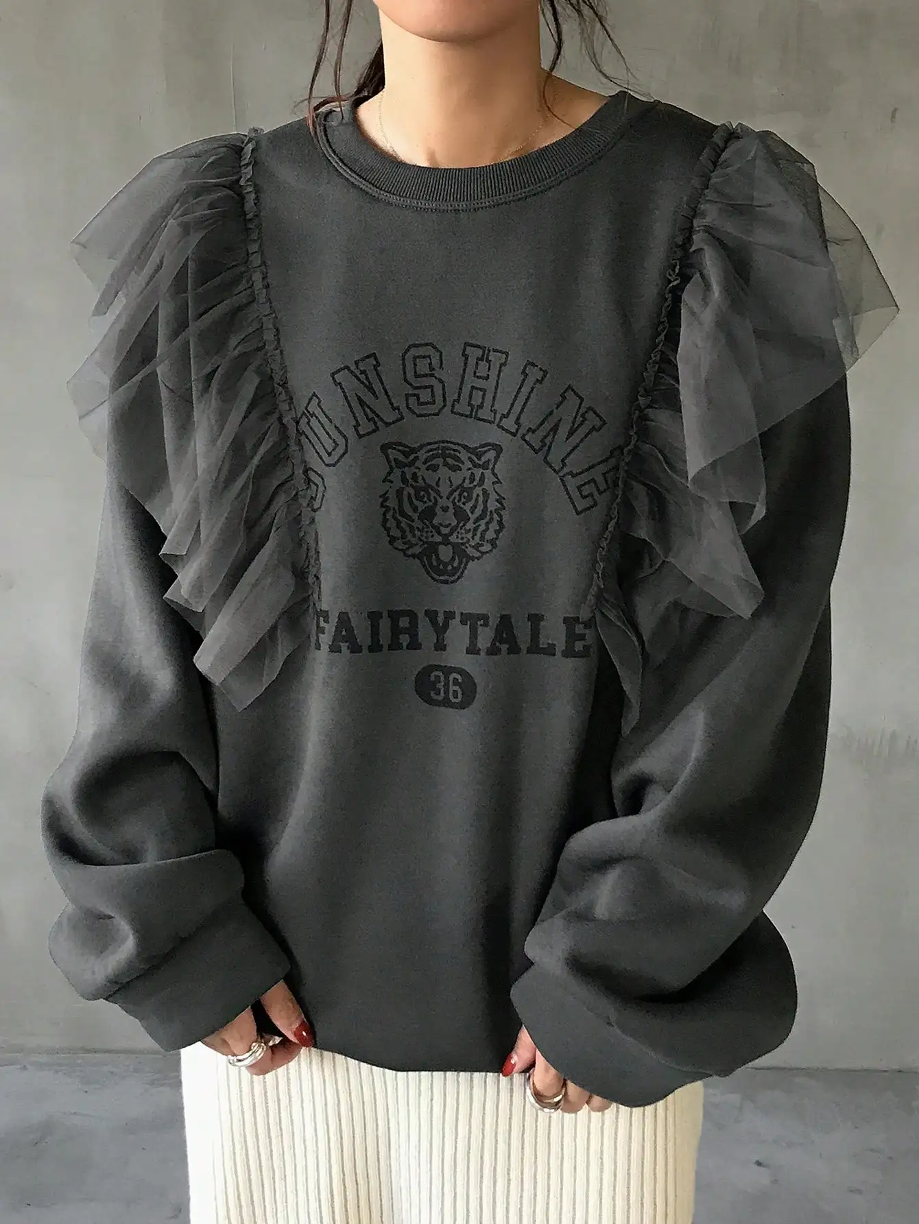 

Женская свободная толстовка с принтом тигра и сетчатыми рукавами-рюшами, повседневный осенний топ с длинным рукавом