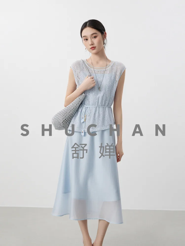 

Романтический комплект из кружевной блузки Starlight и юбки на бретелях из лиоцелла с плетеной поясной веревкой, 26, летняя новинка