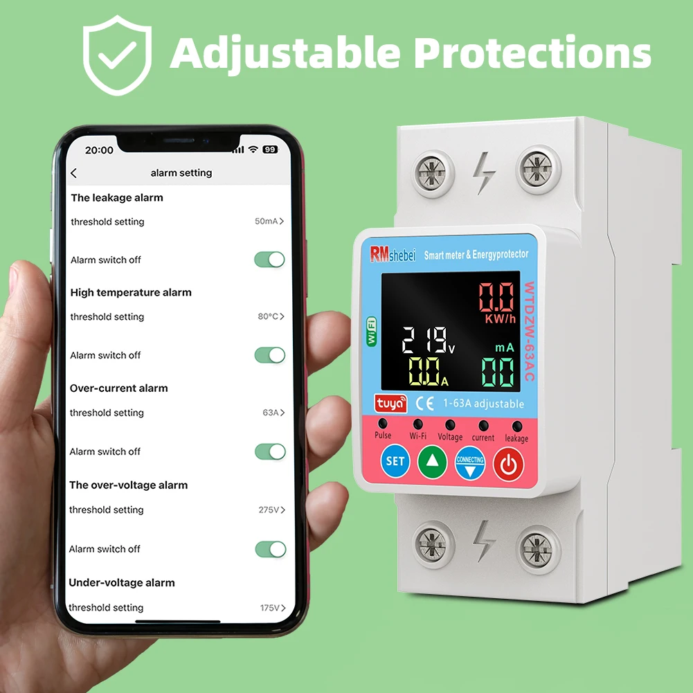 RMshebei Tuya قاطع دائرة WiFi ذكي 220 فولت 2P 63A جهاز تحكم عن بعد إعادة إغلاق تلقائي للجهد الزائد حماية من التسرب الزائد #4