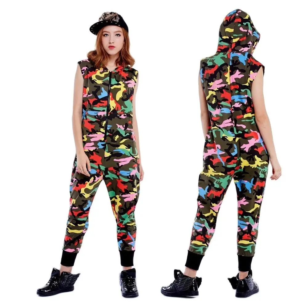 2023 New Fashion Hip Hop Dance Costume Performance Wear European Loose Camo Dancer Jazz Jumpsuit One Piece Pants