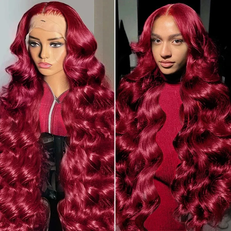 30 40 Inch 99j burgundy 13x4 Lace Front Transparent Human Hair Body Wave 13x6 Lace Frontal Wig Brazilian For Black Women