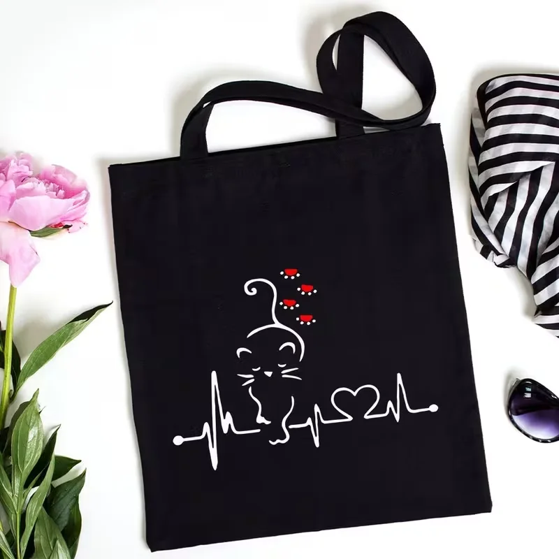 

1pc Sweet Valentine'S Day Canvas Tote Bag, Heartbeat Cat Large Capacity Handbag for Shopping, Picnic, Party, Travel